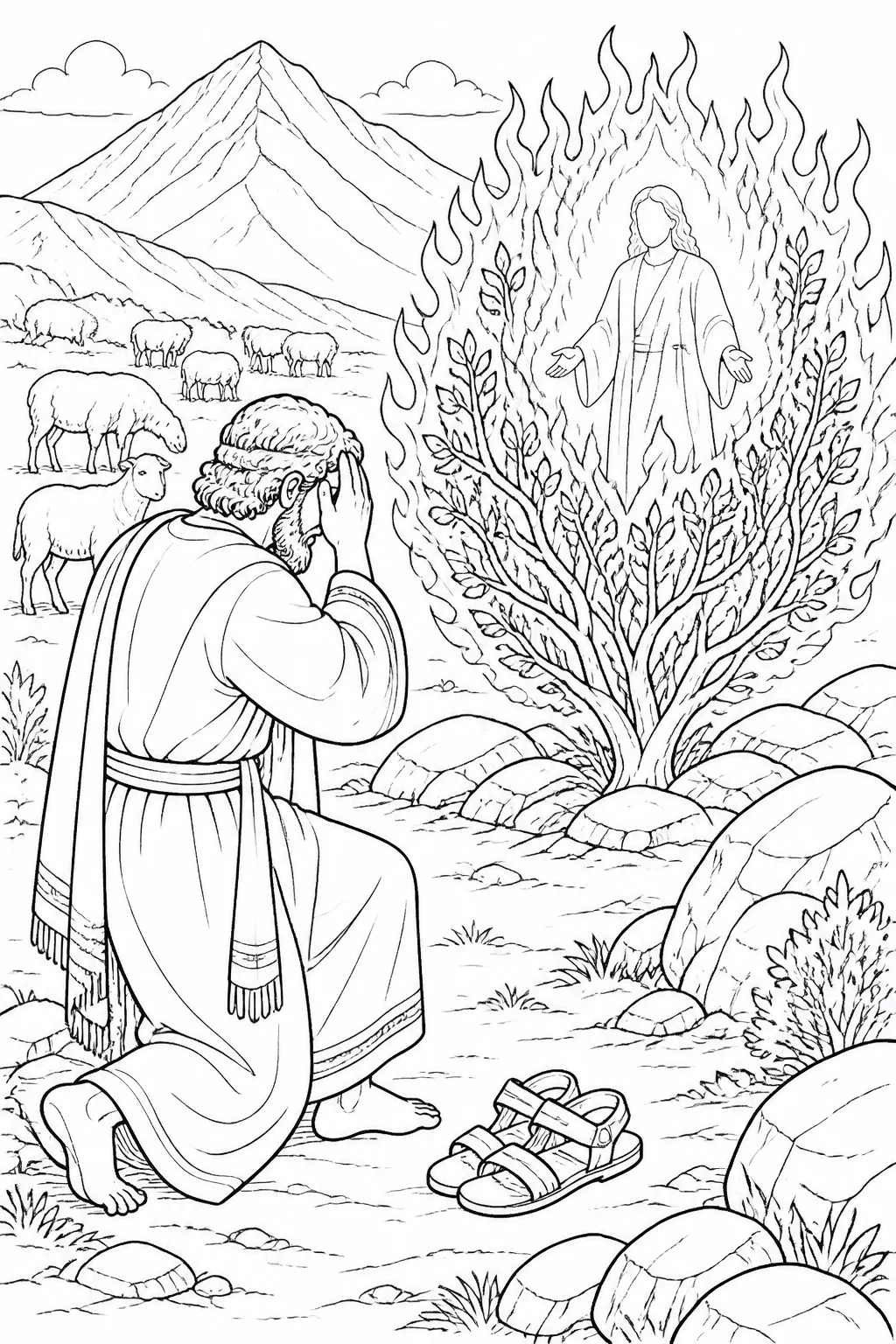 Moses reverently approaches the burning bush at Horeb, where the angel of the LORD appears within flames that do not consume the bush; Moses removes his sandals on holy ground.