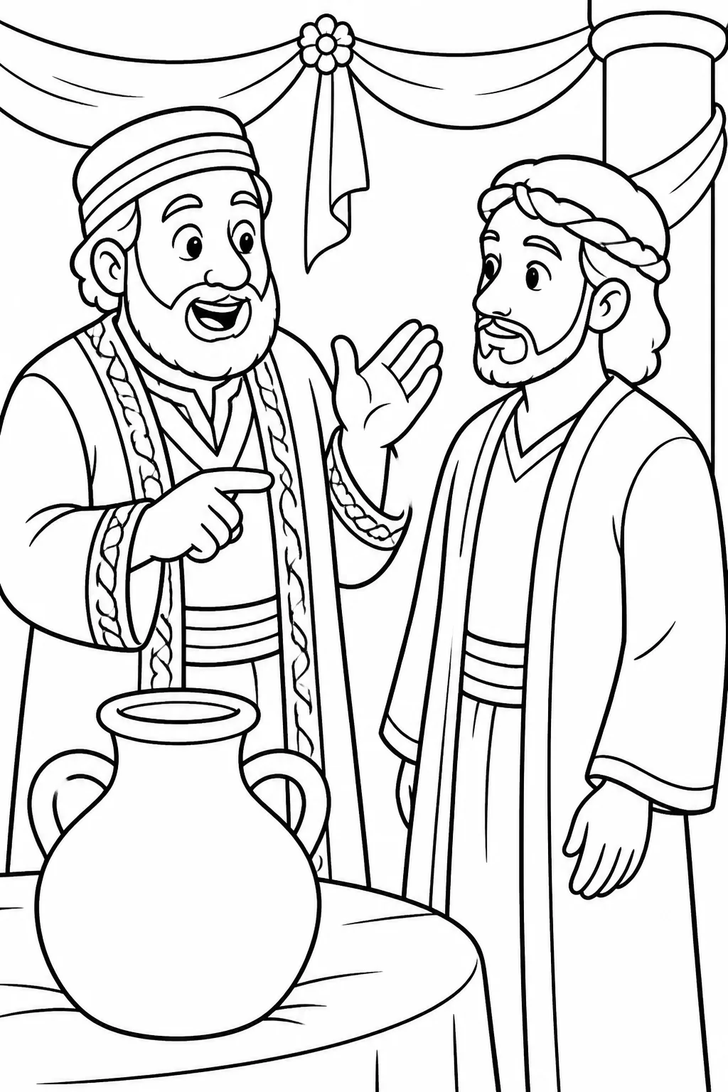 The master of the feast speaks with the bridegroom in a wedding setting about the unexpectedly good wine provided at Cana.