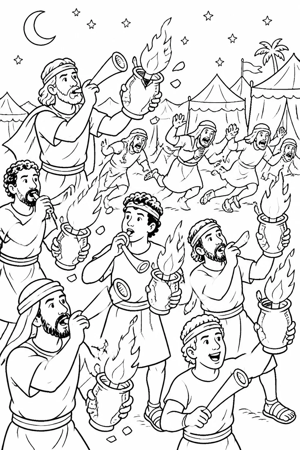 Gideon and the 300 Israelite men surround the Midianite camp at night with trumpets, empty jars, and torches hidden inside the jars.