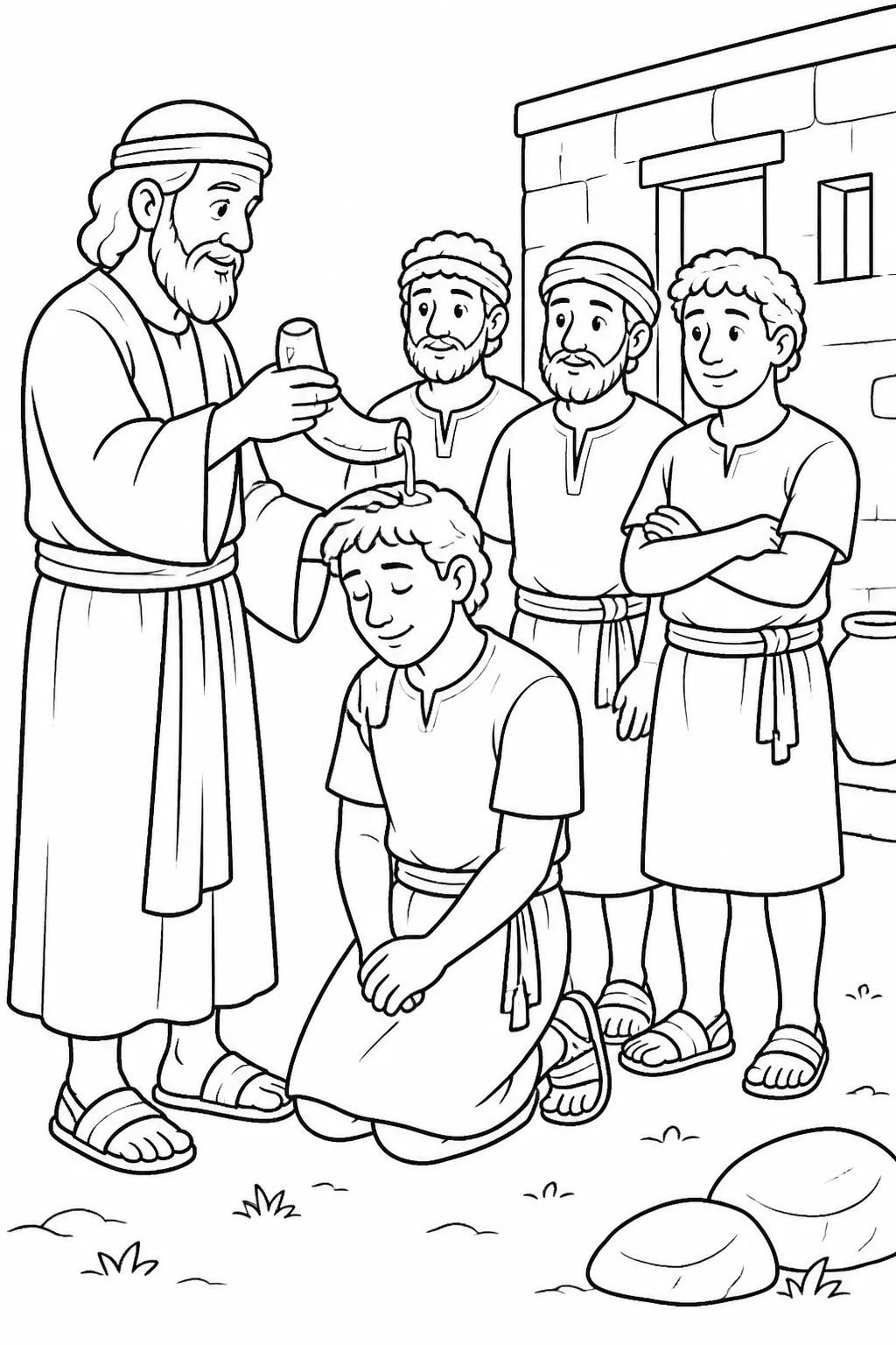 Samuel anointing David among his brothers at Jesse’s house with oil from a horn, based on 1 Samuel 16:13.