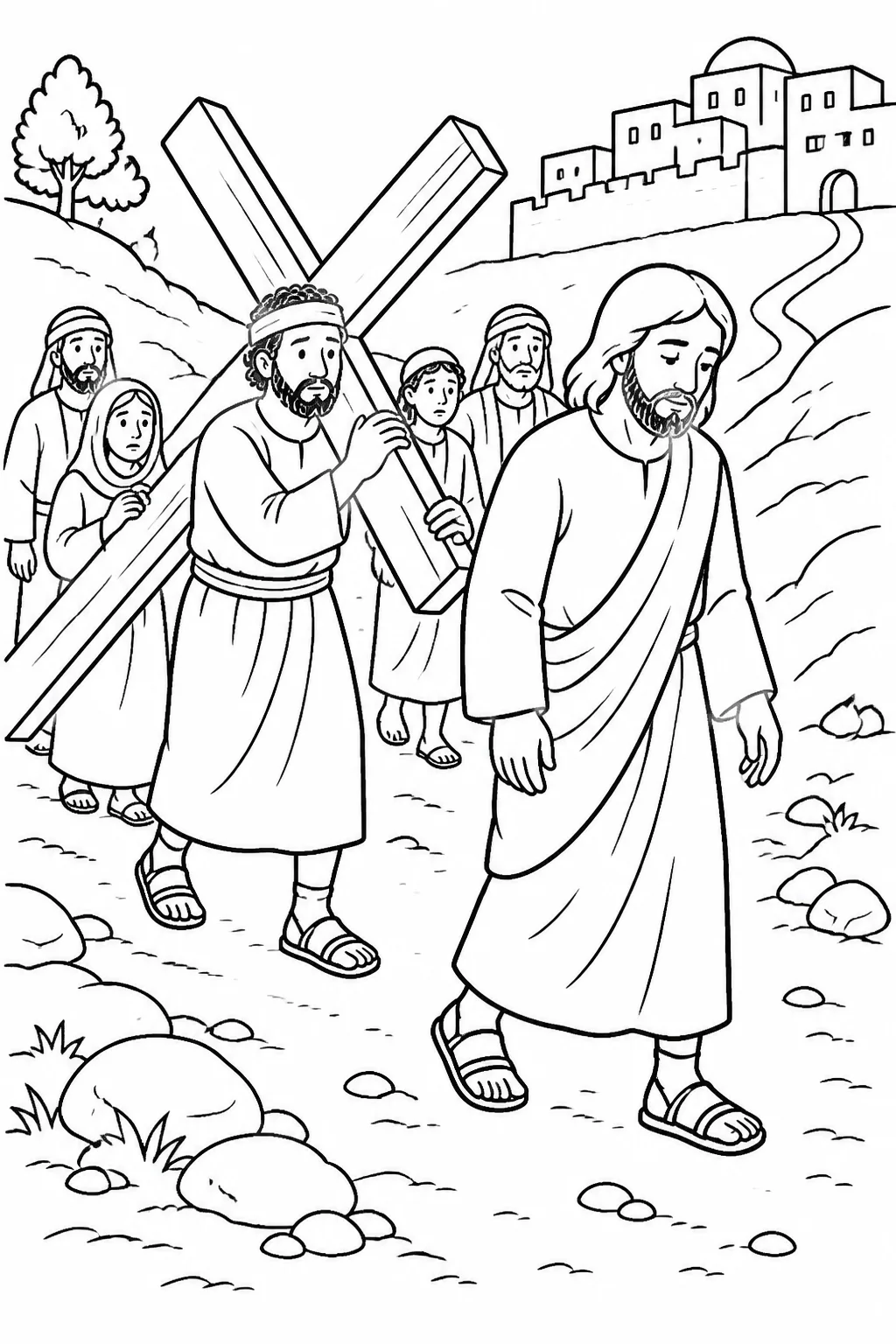 Jesus walking ahead of Simon of Cyrene as Simon carries the cross behind him on the road from Jerusalem, shown symbolically and without graphic details.