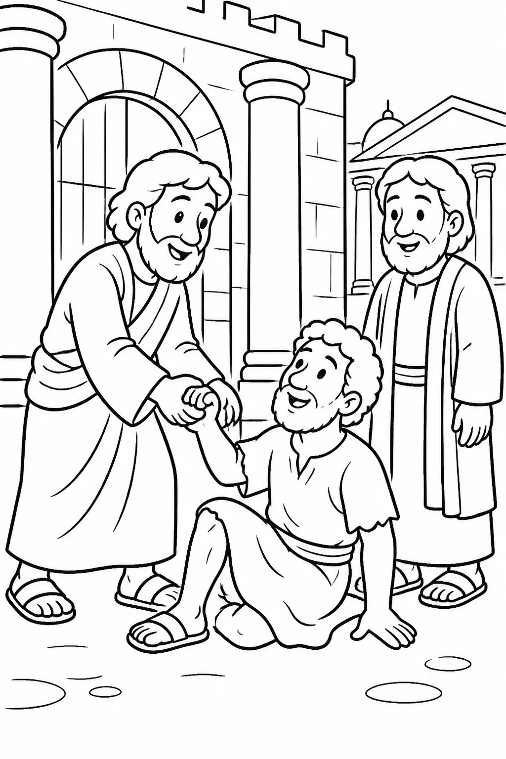 Peter raises a man unable to walk from birth by the right hand at the Beautiful Gate of the temple while John stands nearby.