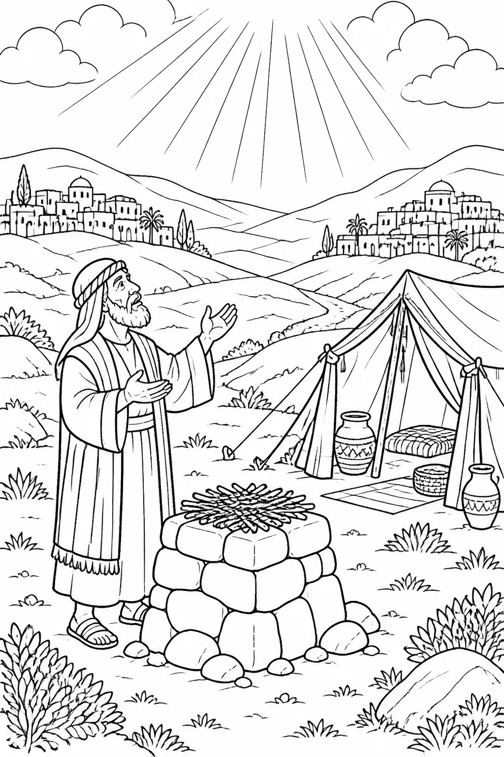 Abram beside an altar near his tent in the hill country east of Bethel, with Bethel west, Ai east, and a gentle radiant representation of the LORD’s presence above.
