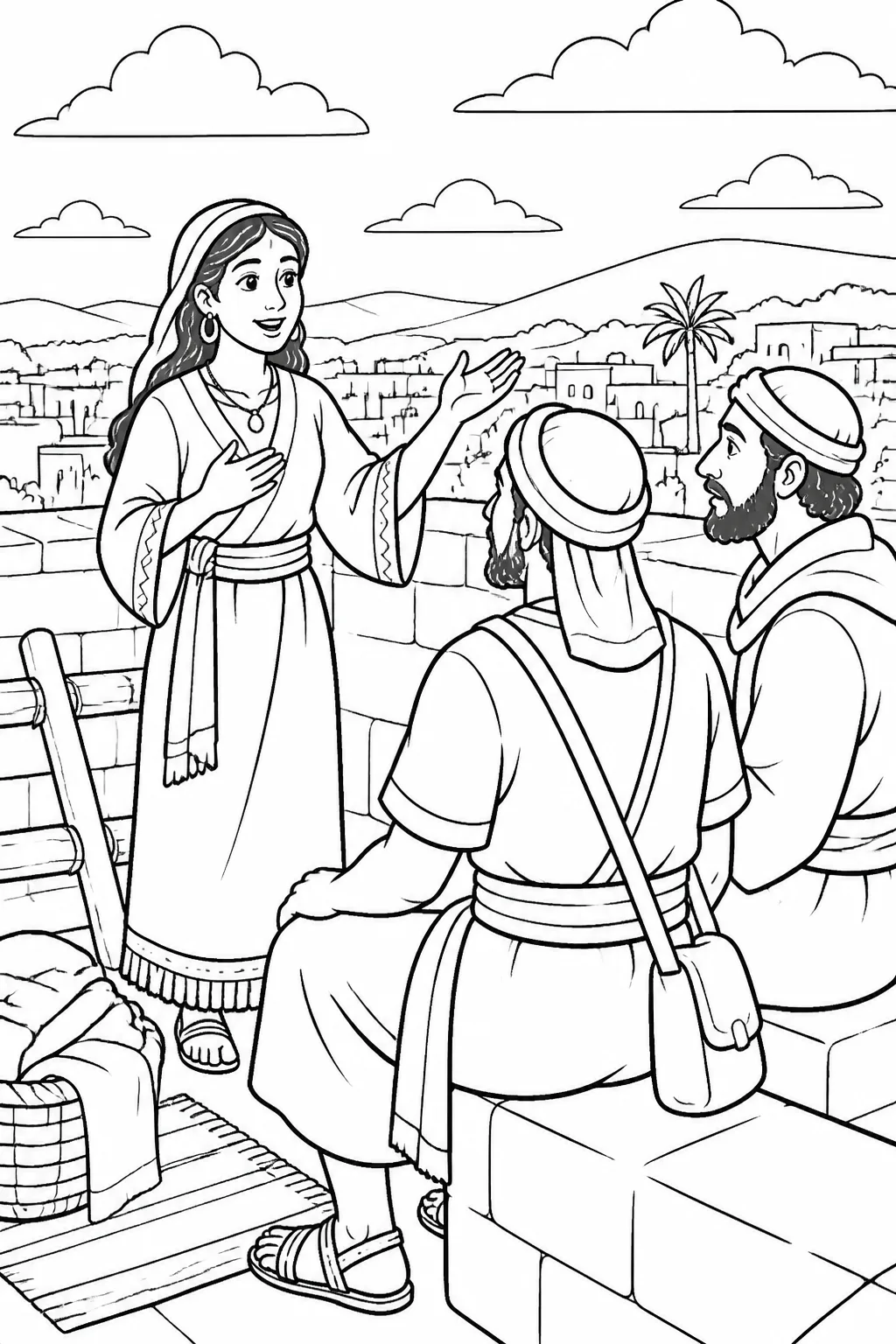 Rahab speaks with two unnamed Israelite spies on the roof of her house in Jericho beneath an open sky, based on Joshua 2:8-11.