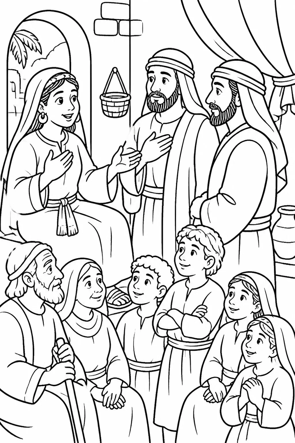 Rahab asks two unnamed Israelite spies for a promise to protect her family and household, based on Joshua 2:12-14.