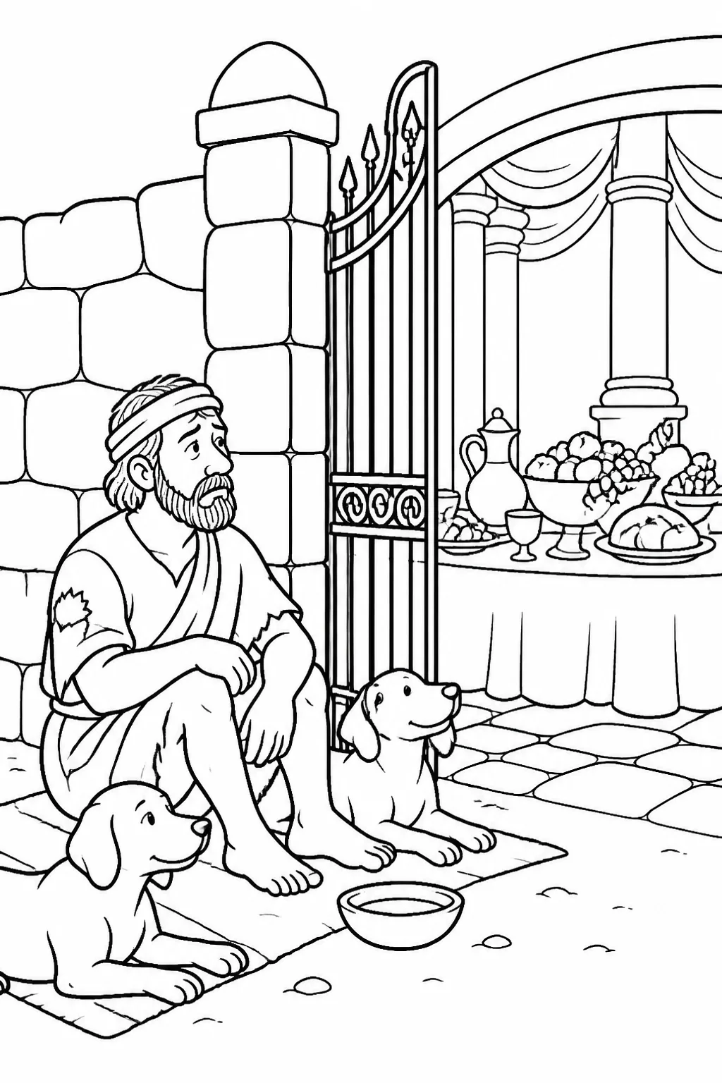 Lazarus seated beside the rich man’s gate, with the rich man’s table beyond it and dogs nearby, illustrating Luke 16:20–21.