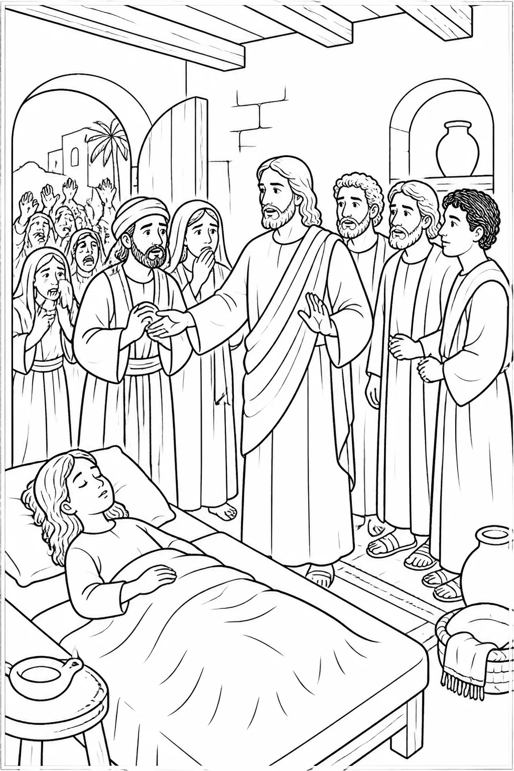 Jesus enters Jairus’s house with Jairus, Jairus’s wife, Peter, James, and John while mourners and people at the house are sent outside.
