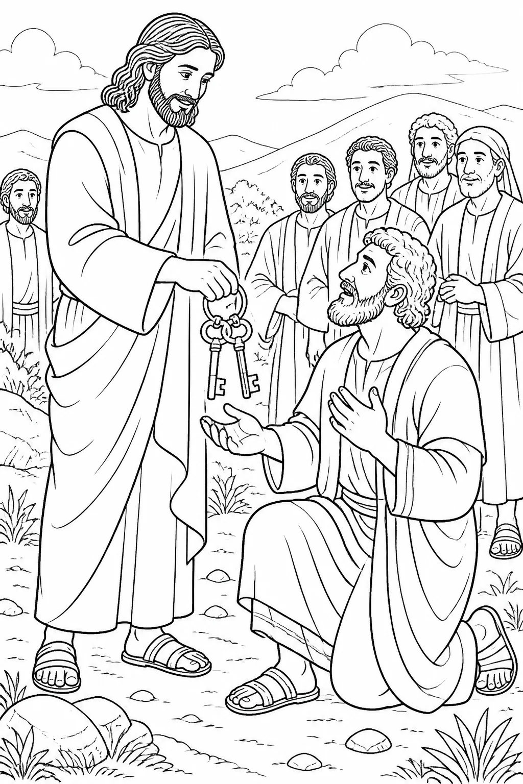 Jesus presents Peter with the keys of the kingdom of heaven while speaking about authority in Matthew 16:19.