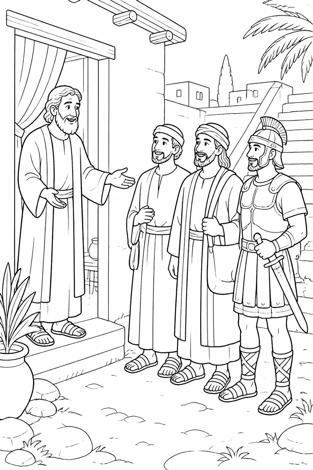 Peter meeting Cornelius’s two household servants and a devout soldier at Simon the tanner’s house in Joppa.