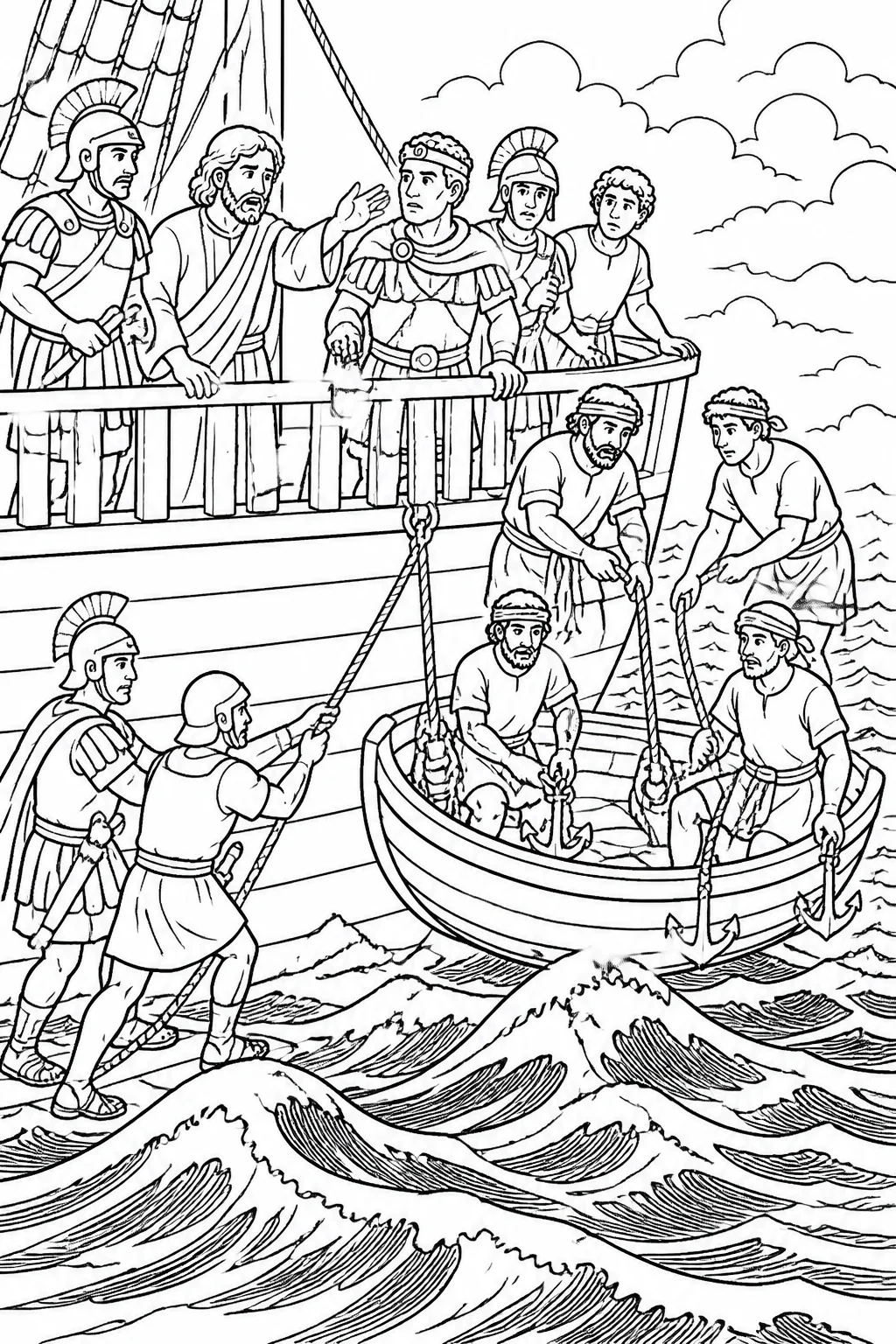 Paul warns Julius and soldiers as sailors lower a small boat and pretend to set anchors beside the main ship on a dark sea; the boat’s ropes are cut.