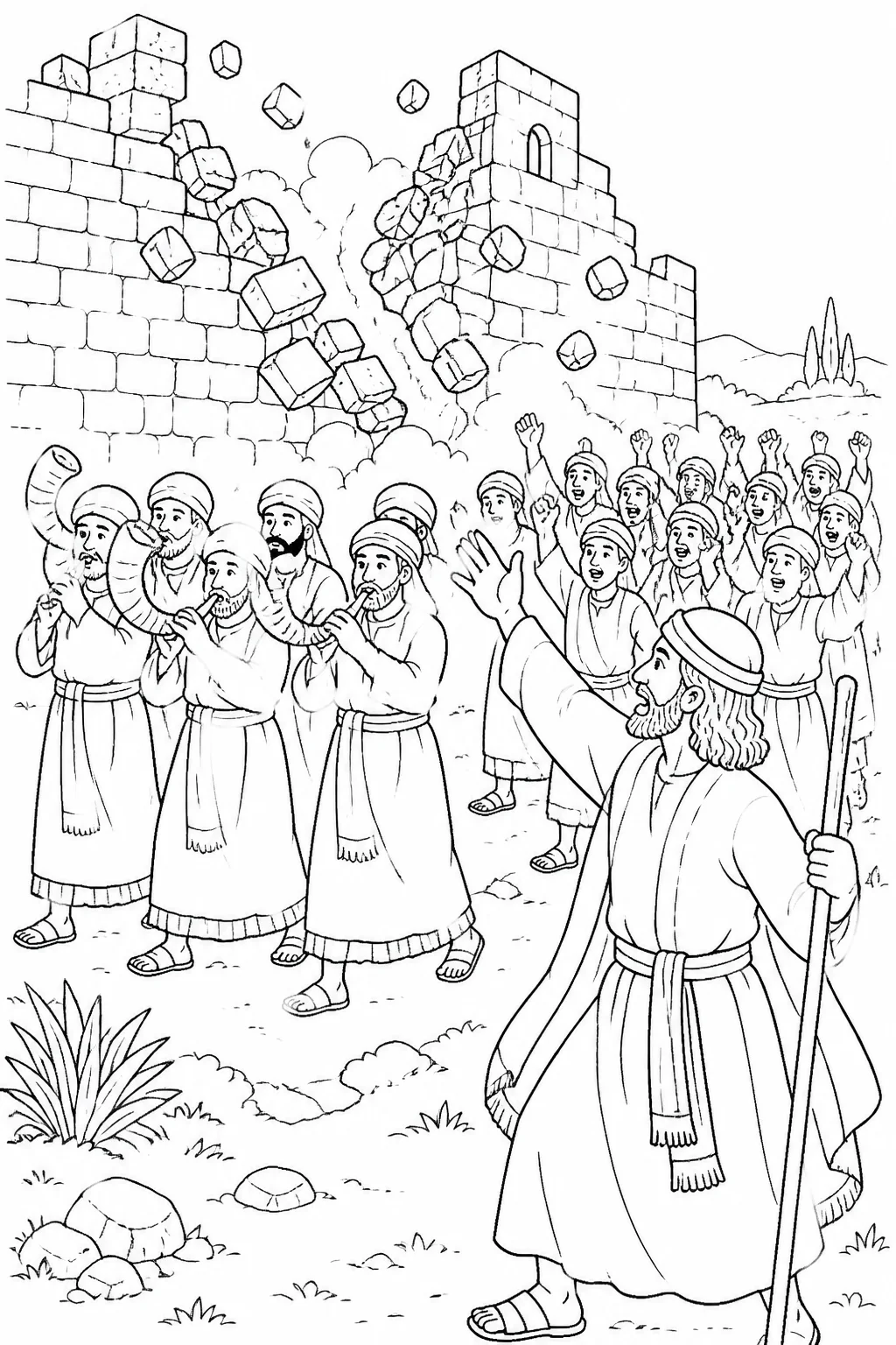 Joshua, the priests, and the people of Israel at Jericho’s wall during the seventh circuit, with trumpets sounding and the people shouting as the wall falls.