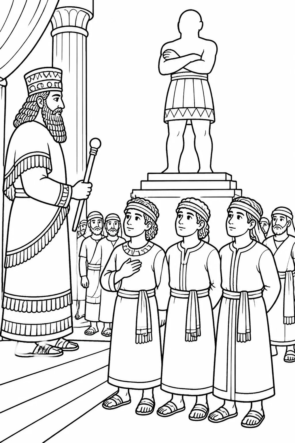 Shadrach, Meshach, and Abednego standing together before Nebuchadnezzar, a large gold statue, and a royal gathering in Daniel 3.