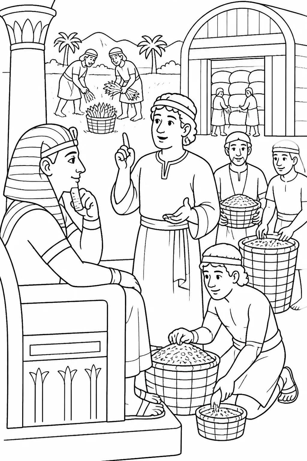 Joseph presents Pharaoh with a plan for seven years of abundant harvest followed by seven years of scarce food, including collecting one-fifth of the grain for storage.