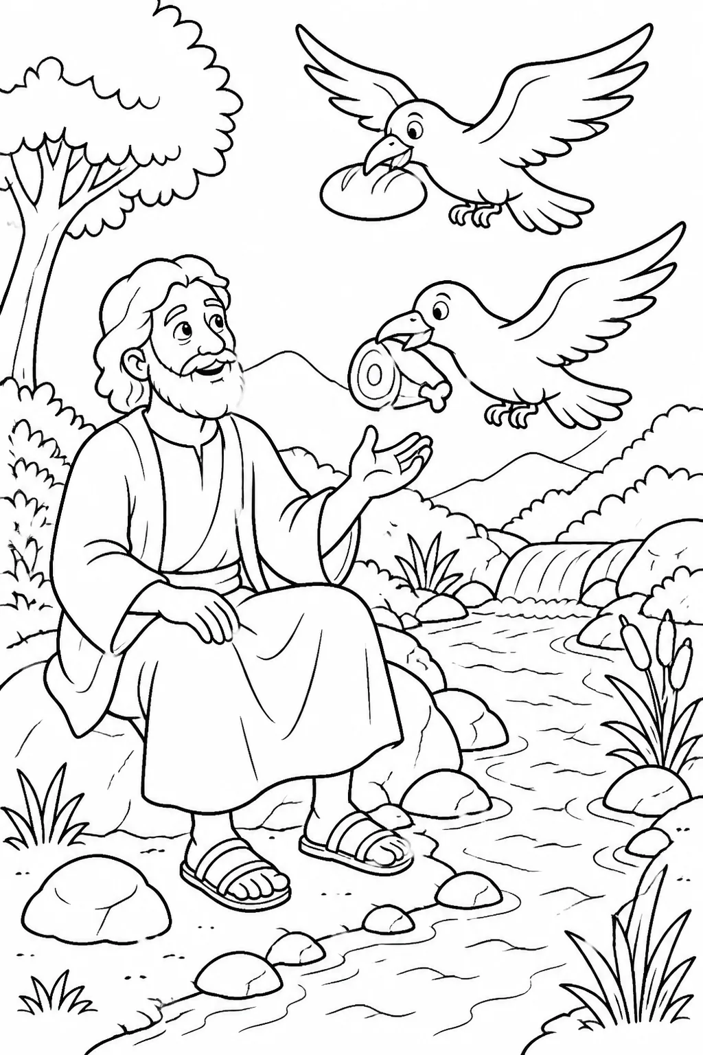Elijah beside the Brook Cherith as ravens bring him bread and meat, with water nearby, based on 1 Kings 17:5–6.