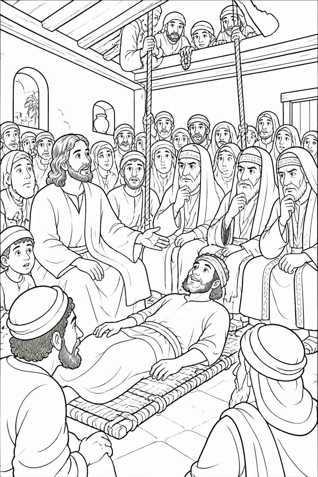 Jesus, a paralyzed man on a mat, a gathered crowd, and several unnamed scribes with thoughtful expressions inside a crowded house.