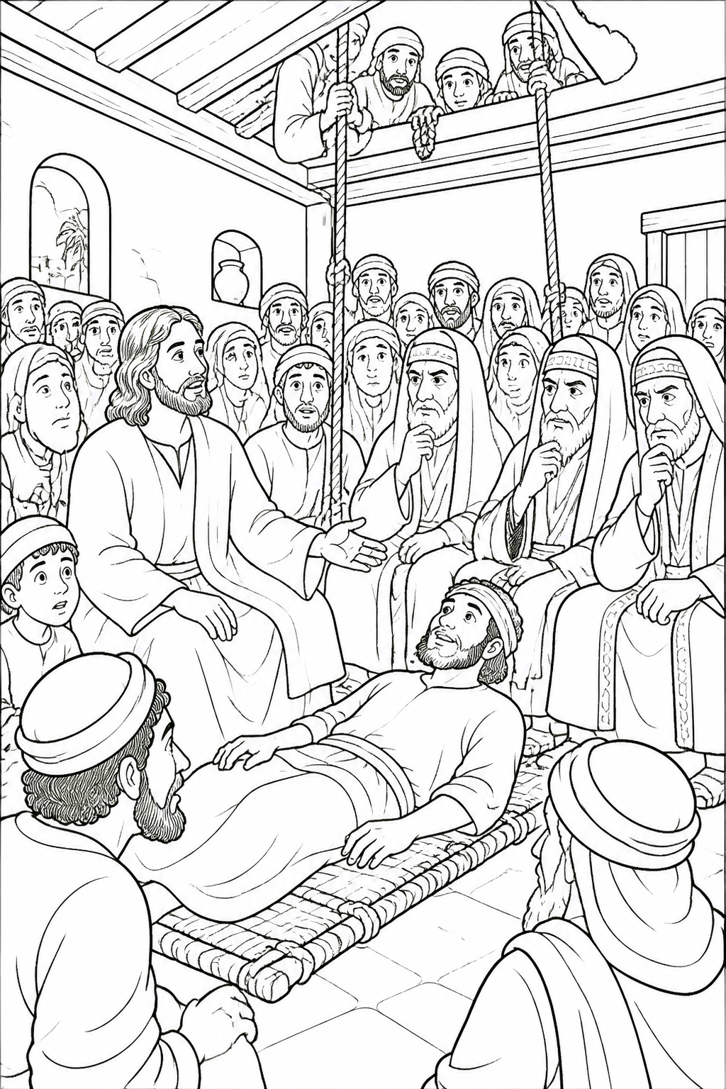 The Scribes Wonder from Jesus Heals a Paralyzed Man Bible coloring page