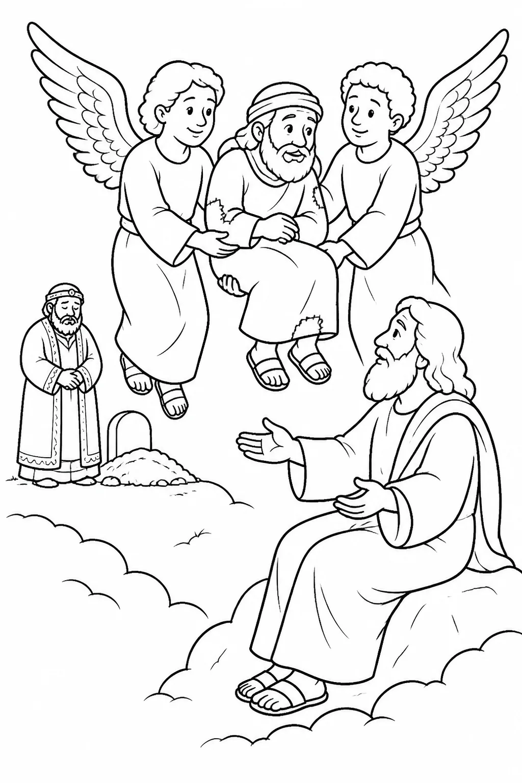 Lazarus is carried by unnamed angels toward Abraham’s side, with a simple, respectful indication of the rich man’s burial in the background.