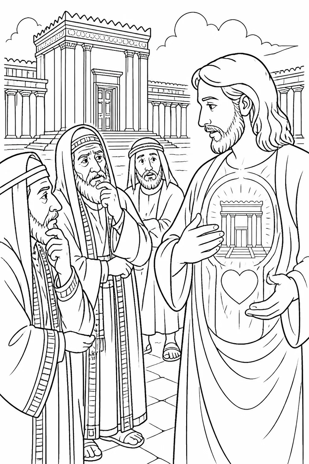 Jesus speaking with Jewish leaders in the Temple, with a respectful symbolic distinction between the Temple building and Jesus’ body.