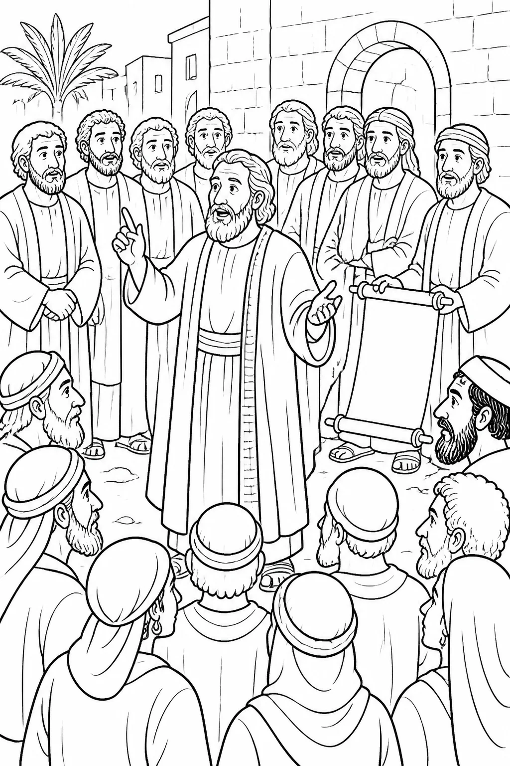 Peter with the eleven apostles addresses the crowd in Jerusalem while a scroll symbolizes Joel’s prophecy about God pouring out his Spirit.