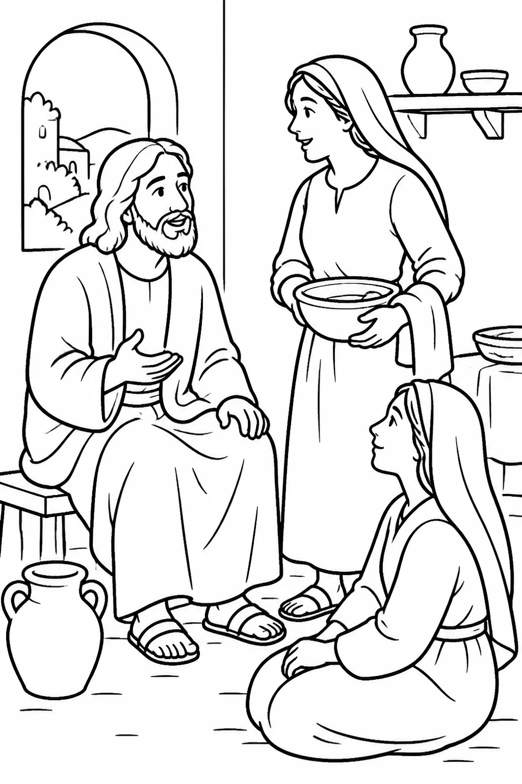 Jesus speaks to Martha by name in her home while Mary sits nearby at Jesus’ feet listening.