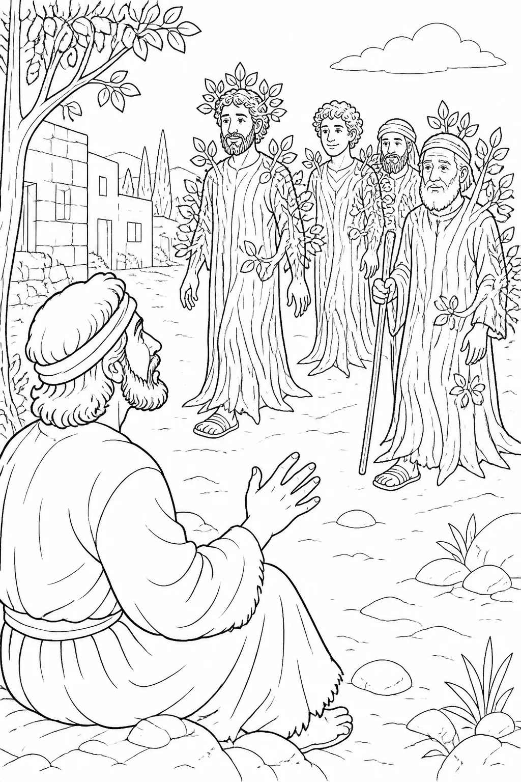 A blind man looks toward people who appear human but tree-like as his sight begins to return, illustrating Mark 8:24.