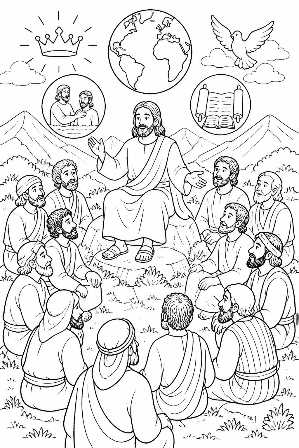 Jesus teaching the eleven disciples on a mountain in Galilee about making disciples of all nations, baptism, teaching obedience, and his continuing presence.
