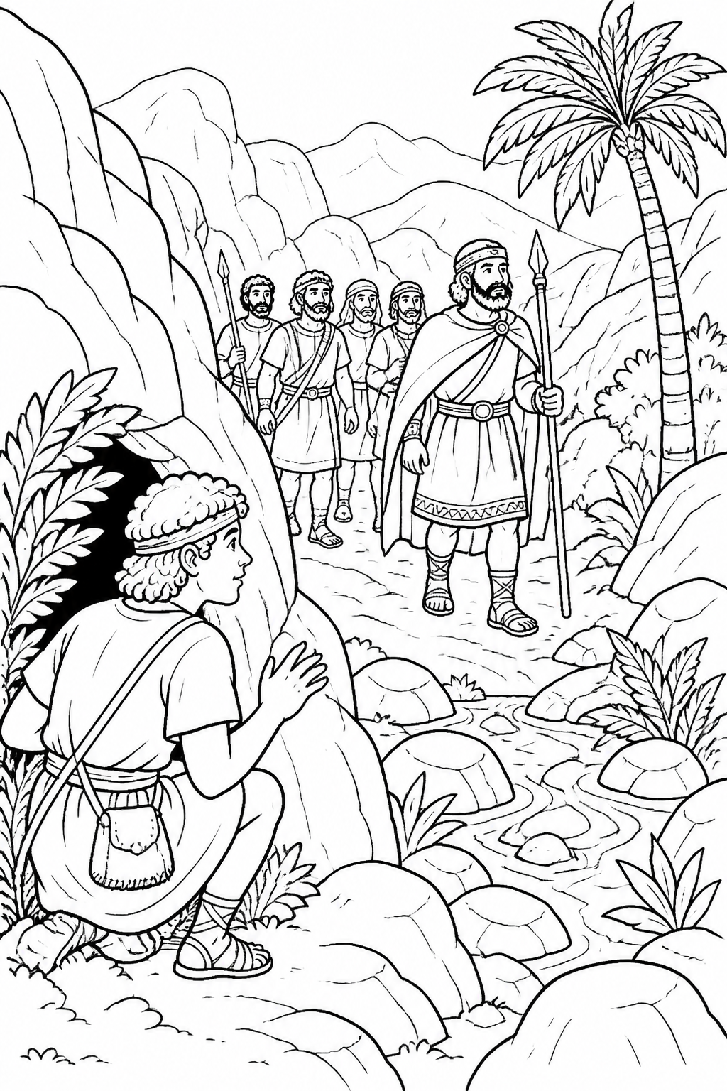 The Wilderness of En-gedi from David Spares Saul Bible coloring page