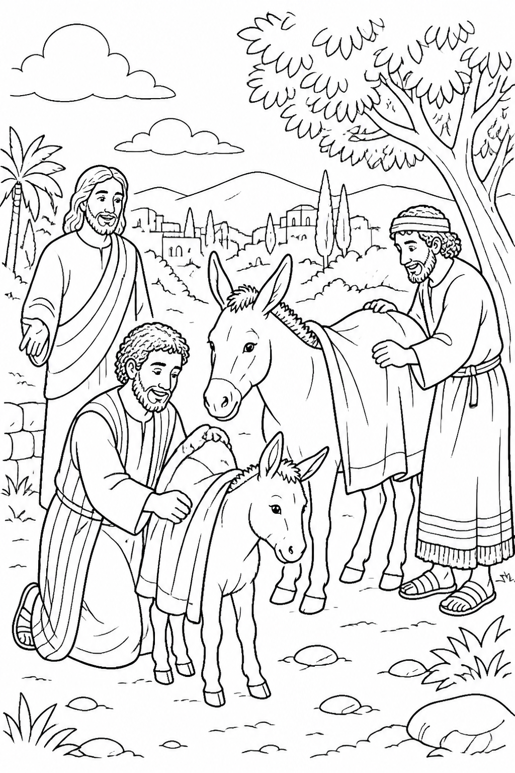 The Disciples Prepare the Animals from Jesus Enters Jerusalem Bible coloring page