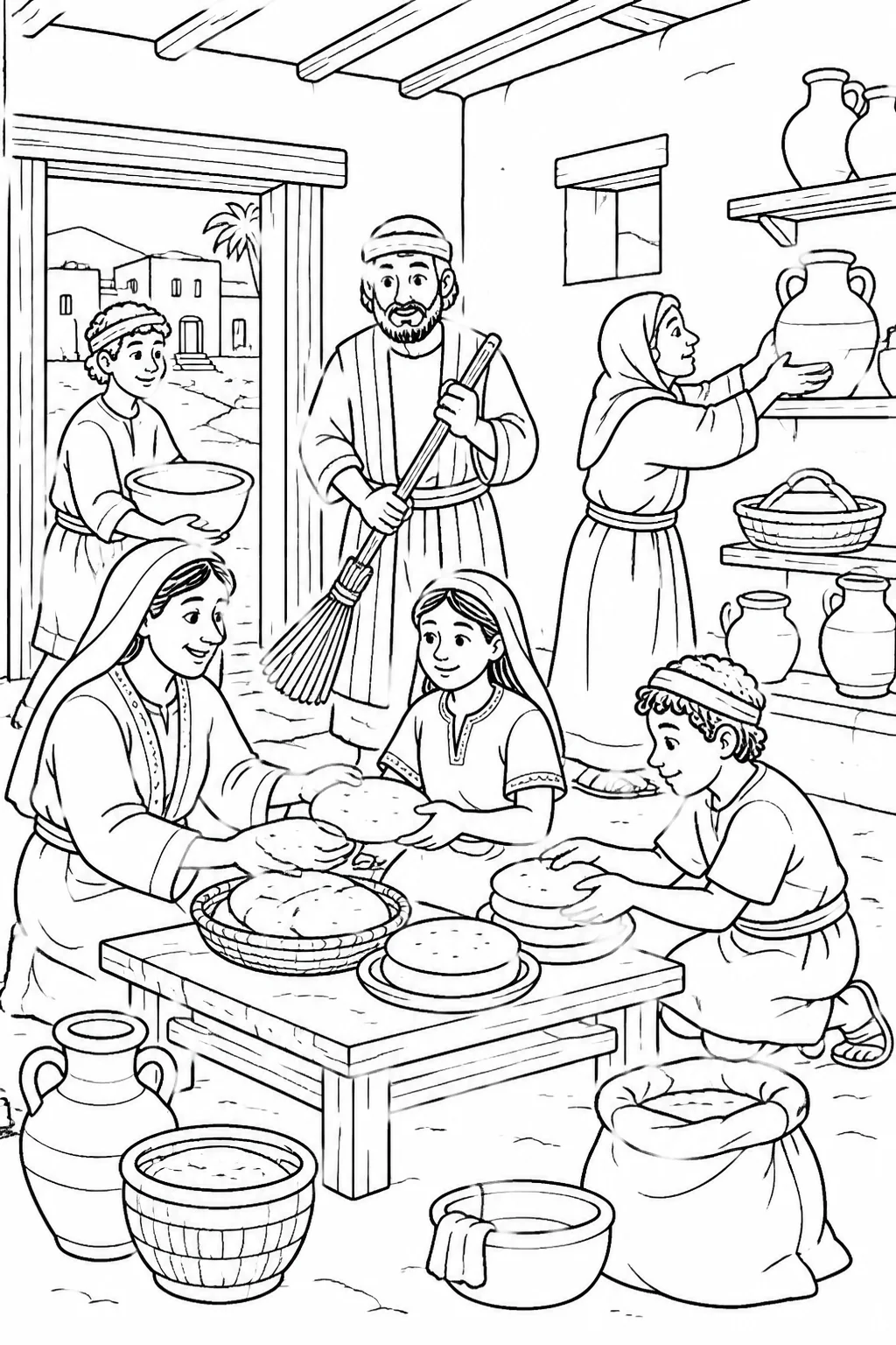 Israelite families gather in an Israelite house with unleavened bread and household items associated with removing leaven, representing the commanded festival in Exodus 12:14–20.