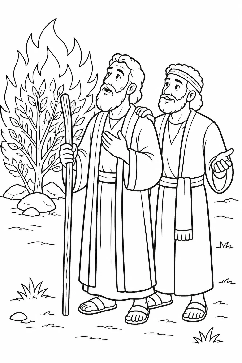 Moses holding his staff near the burning bush while Aaron stands beside him as the helper God provides.