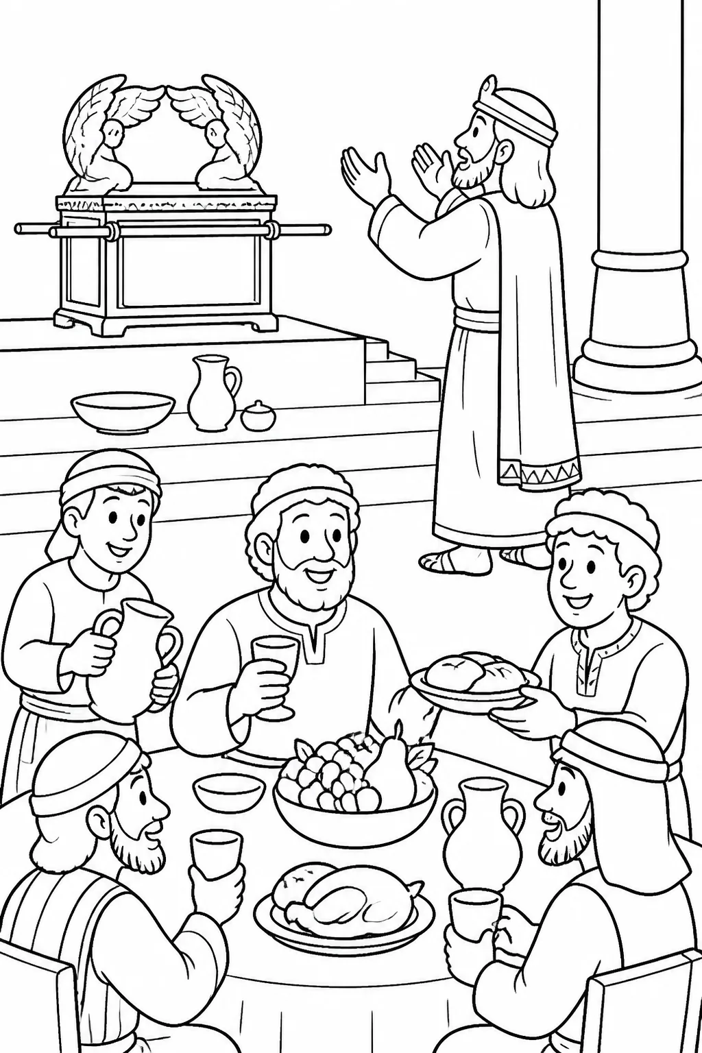 Solomon worshiping before the ark of the covenant in Jerusalem, with simple offerings, servants, and a nearby feast table.