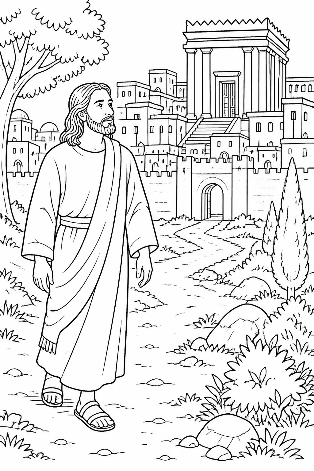 Jesus arriving in Jerusalem during Passover, with the city and temple represented in the background.