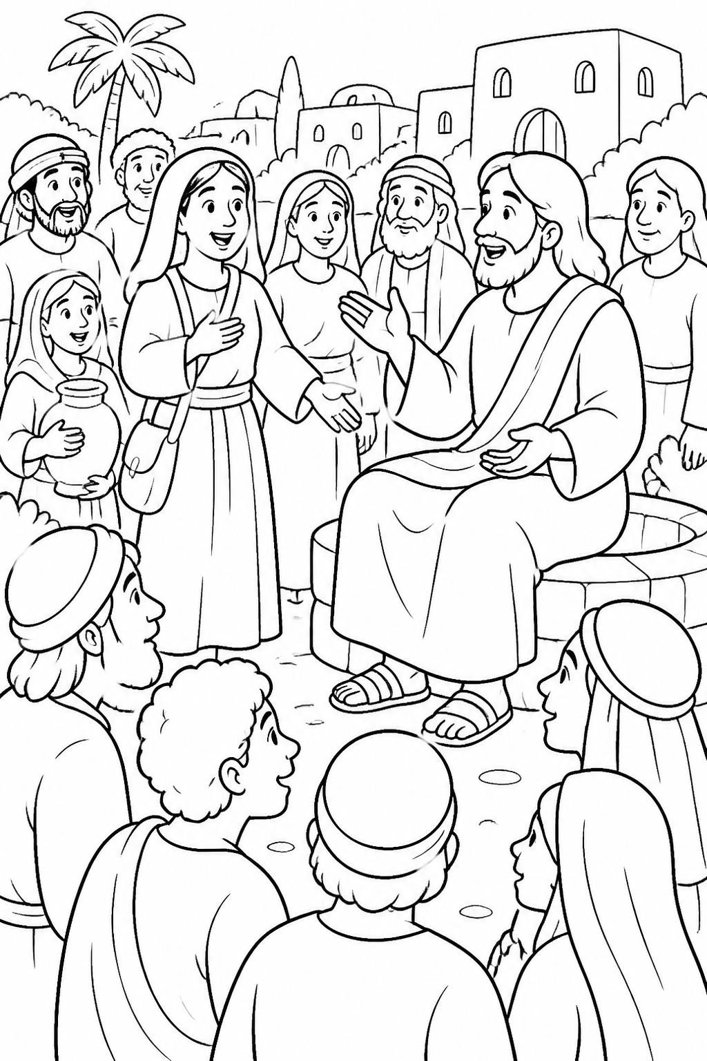 The Samaritans Hear Jesus from Jesus and the Samaritan Woman Bible coloring page
