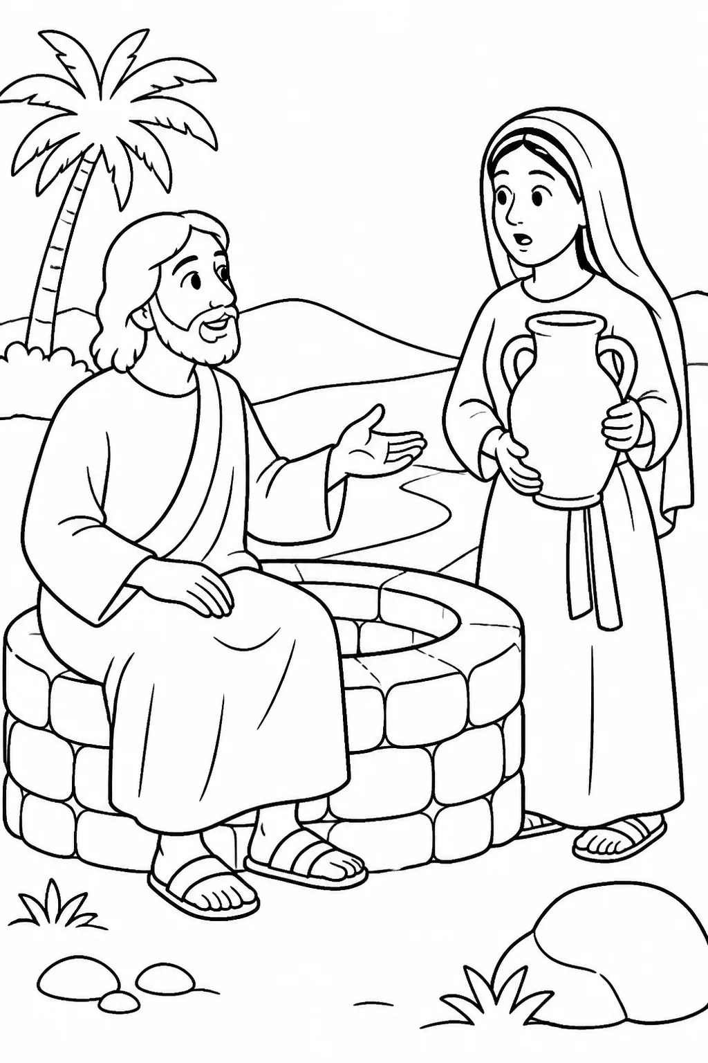 Jesus respectfully asks a Samaritan woman for a drink at Jacob’s well as she comes to draw water with a vessel.
