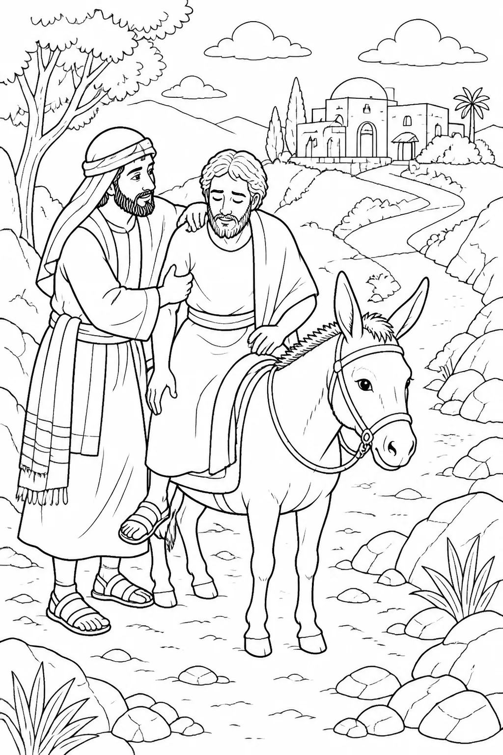 A Samaritan helps a wounded traveler onto his own animal beside a roadside, with an inn in the distance, illustrating Luke 10:33–35.