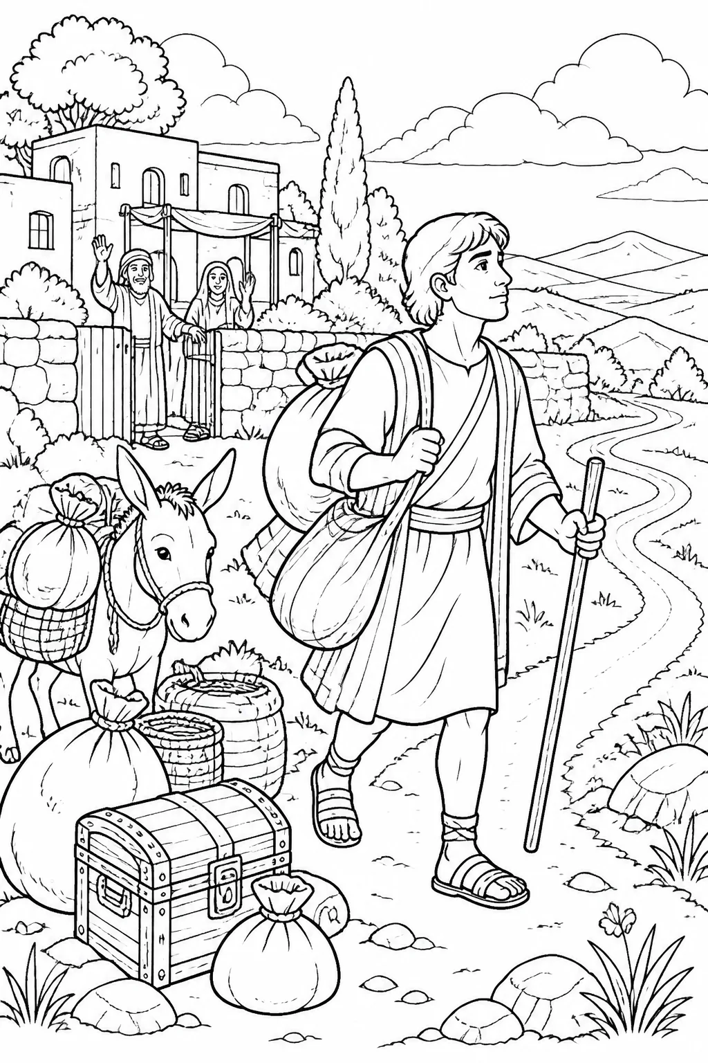 The younger son gathers his property and travels away from his family’s property along a path toward a distant country.