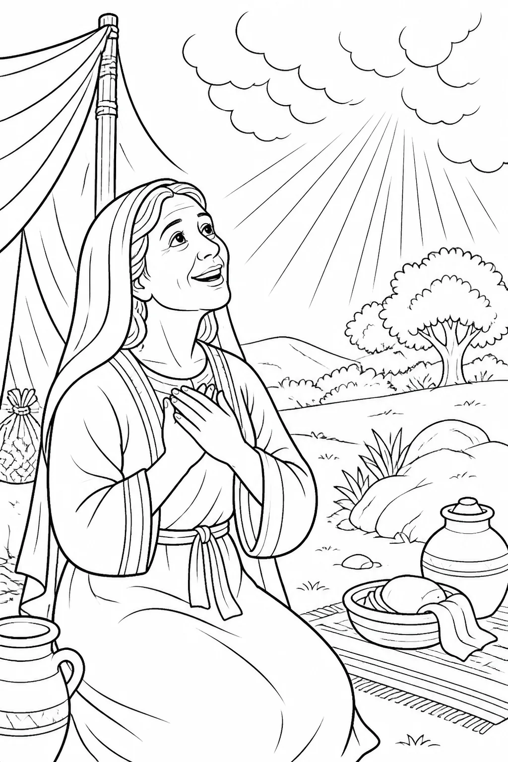 Sarah smiling with thankful joy as a gentle symbolic light represents the LORD’s faithfulness after Isaac’s birth.
