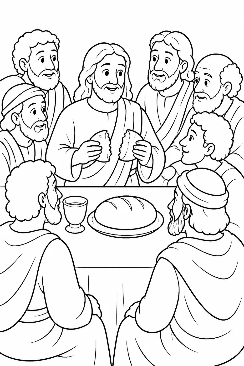 Jesus gives thanks, breaks bread, and gives it to the apostles at the Passover table, telling them to remember him.