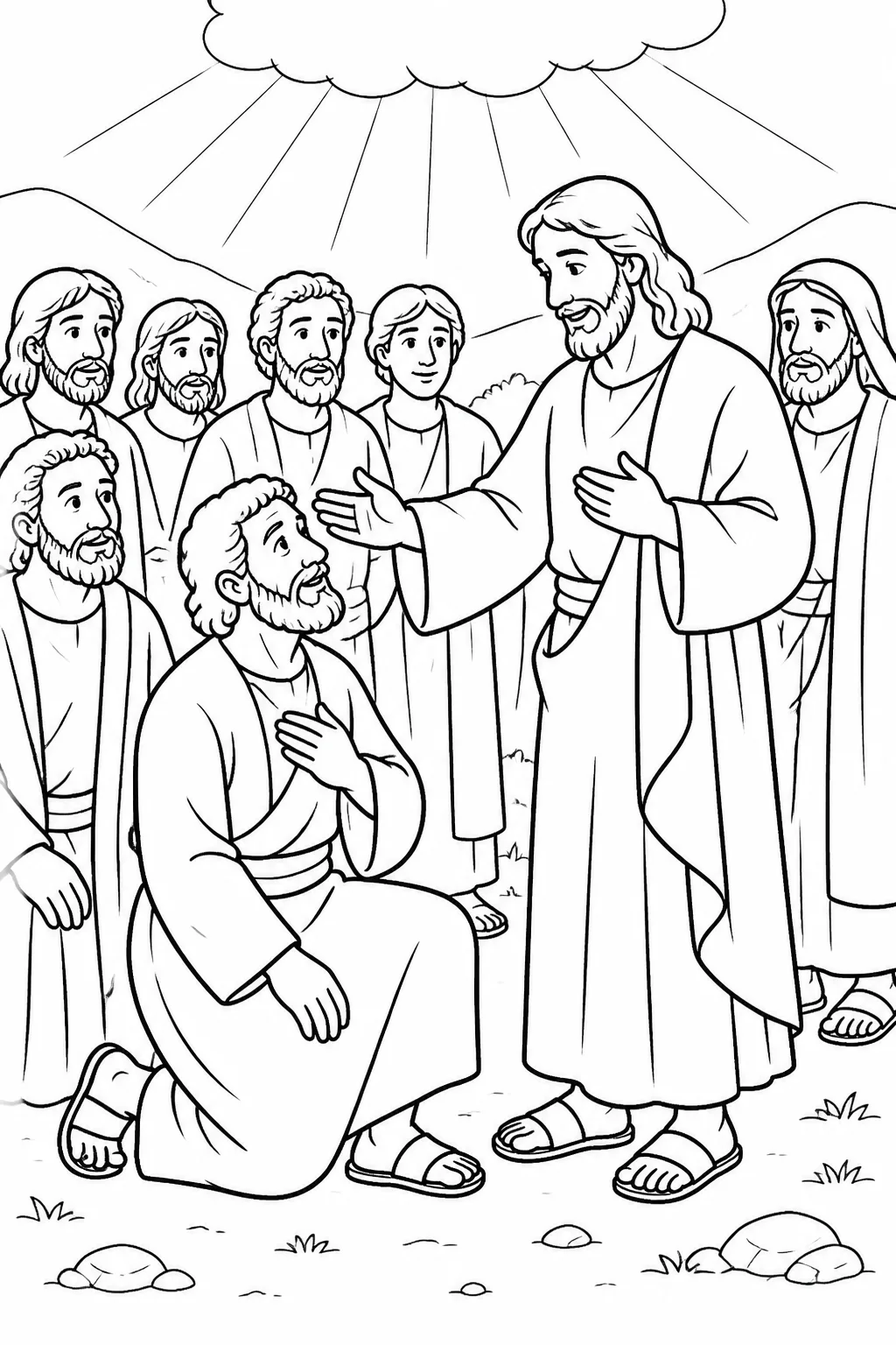 Jesus blesses Simon Peter after Peter confesses that Jesus is the Christ, while the disciples listen; the Father in heaven is represented through the passage’s words or restrained heavenly light.