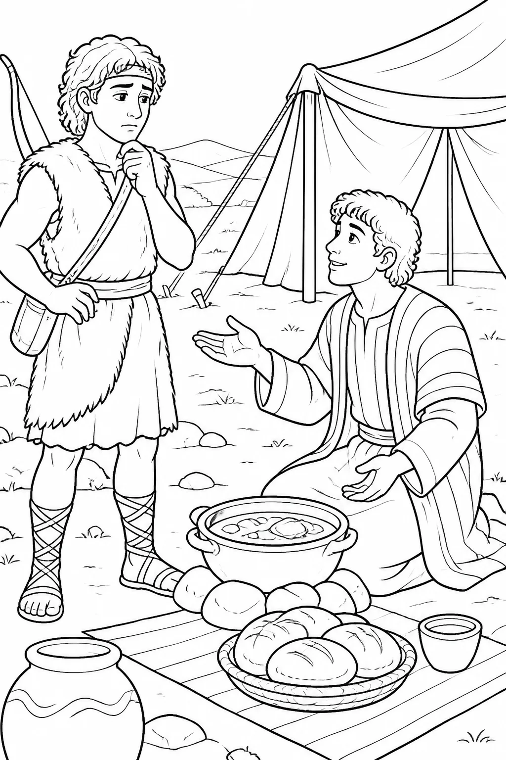 Jacob and Esau face one another beside stew and bread in a tent setting as Jacob asks Esau to sell his birthright before receiving the meal.