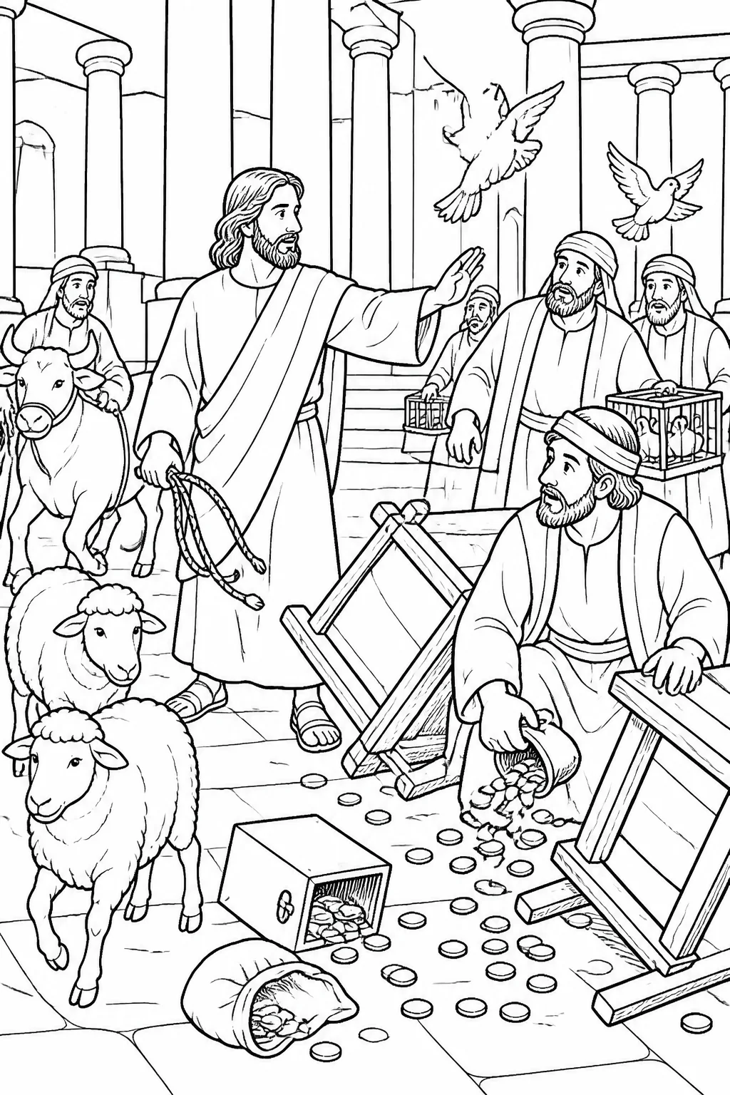 Jesus takes firm, controlled action in the temple area as sheep and oxen move away, coins spill, tables are overturned, and dove sellers are told to take their things away.