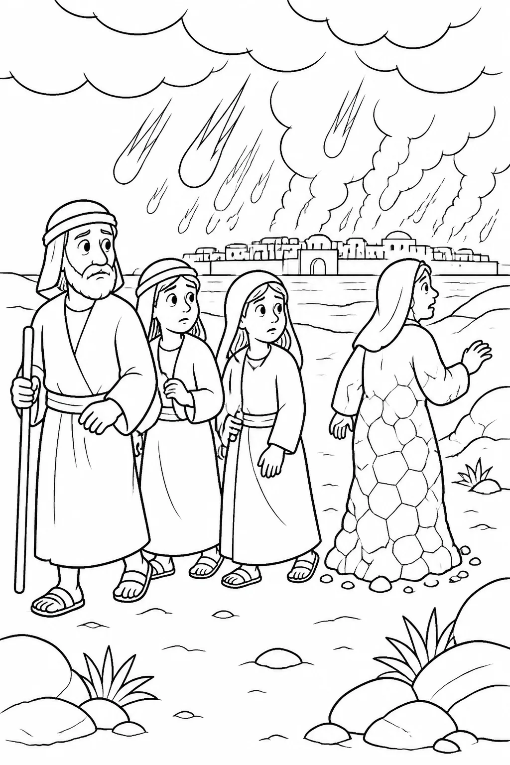Lot, his wife, and his two daughters reach Zoar before the destruction of Sodom and Gomorrah; Lot’s wife turns back and becomes a pillar of salt.