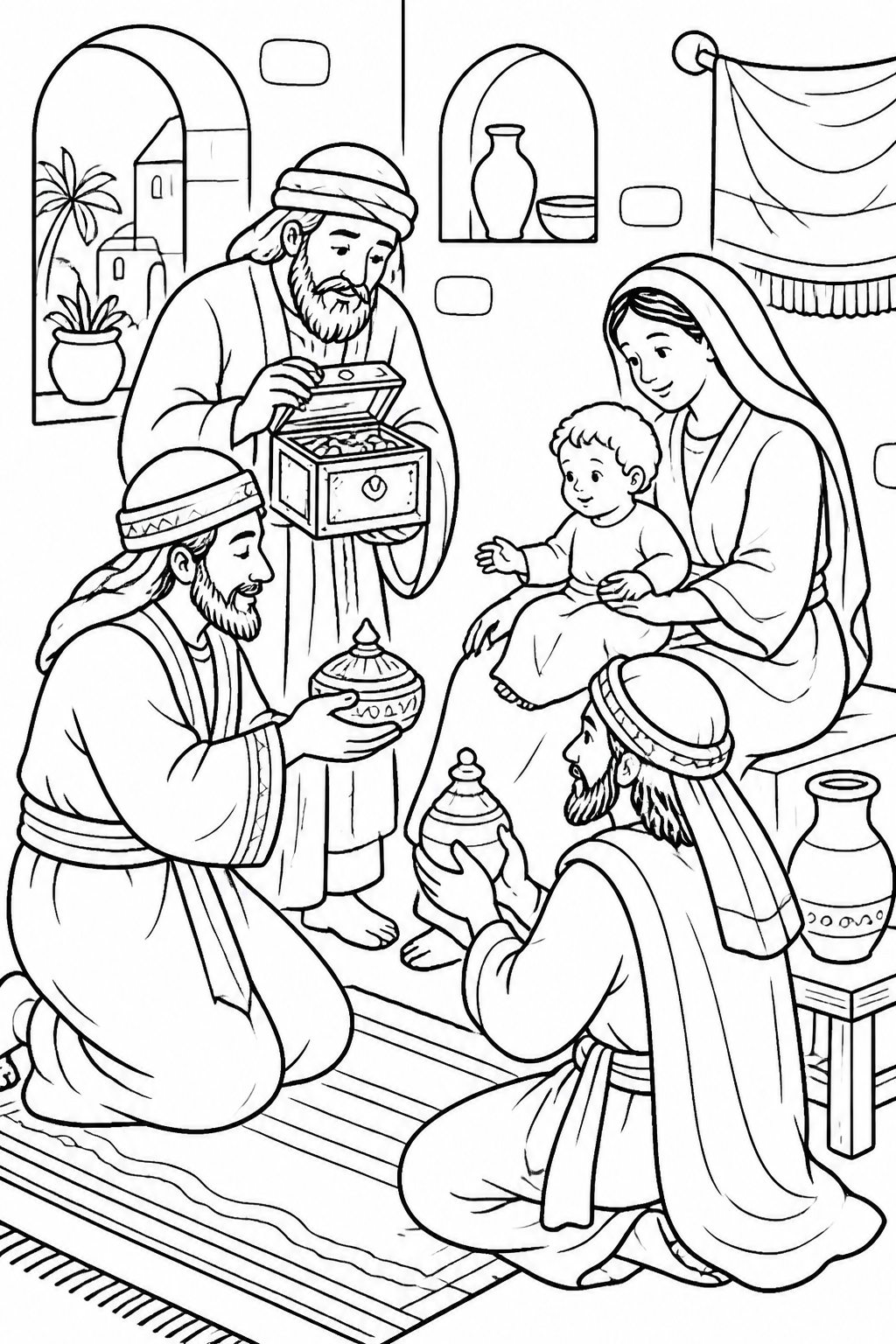 Treasures for the Child from The Wise Men Visit Jesus Bible coloring page