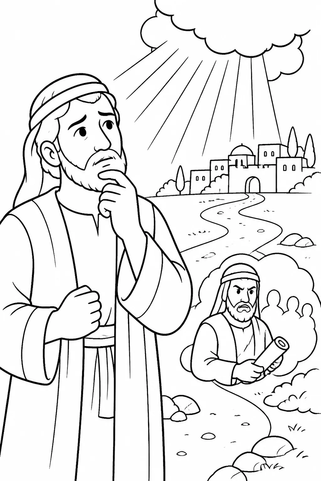 Ananias considers Jesus’ instruction to go to Saul in Damascus, with a symbolic path and reminder of Saul’s harmful past.