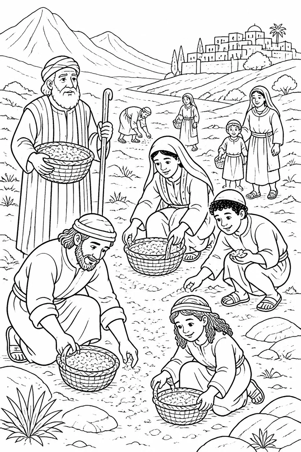 The Israelites gathering manna in the wilderness, with a distant inhabited land representing the forty years they ate manna.