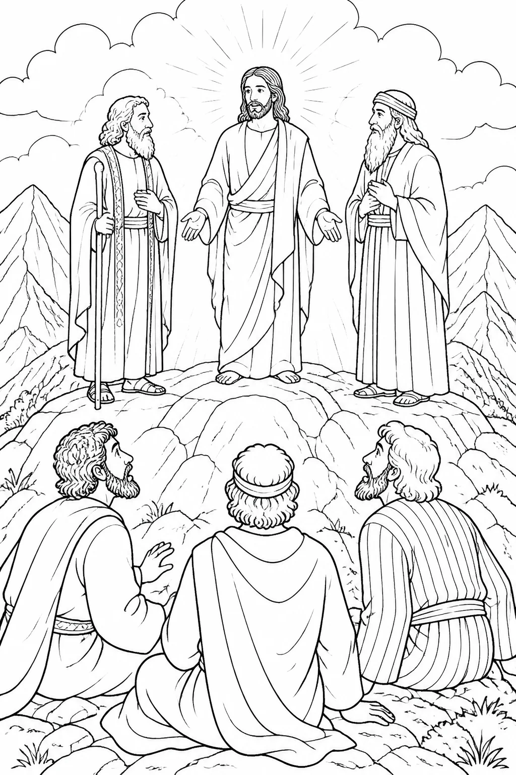 Jesus stands radiantly on a high mountain while Moses and Elijah speak with him, as Peter, James, and John observe.