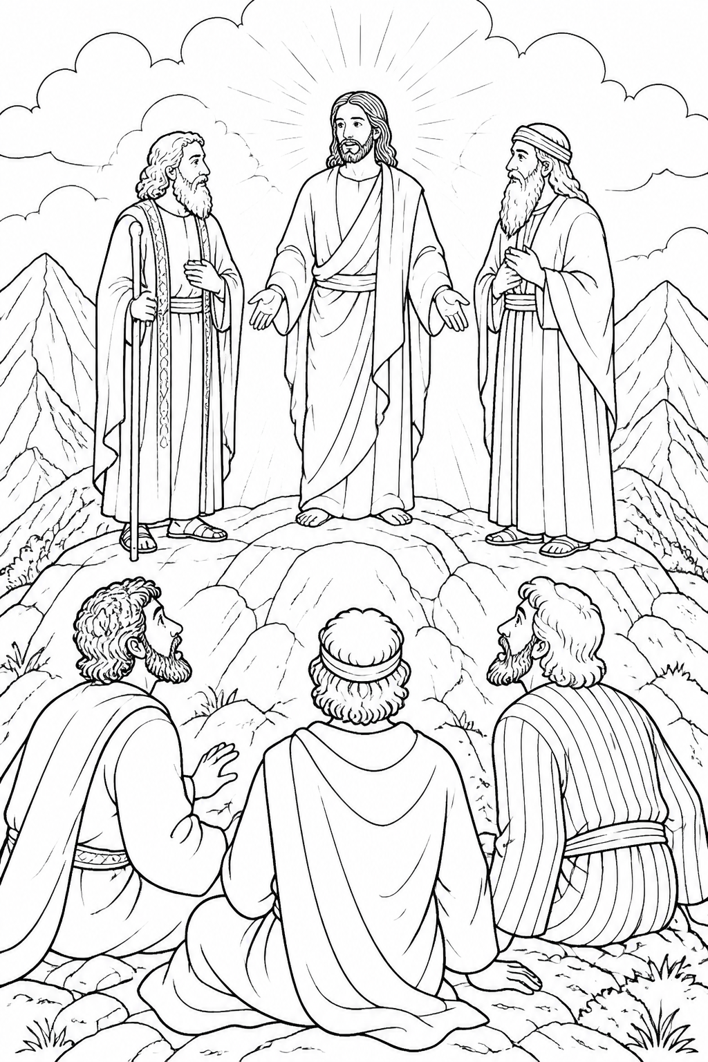 Moses and Elijah Speak with Jesus from The Transfiguration Bible coloring page