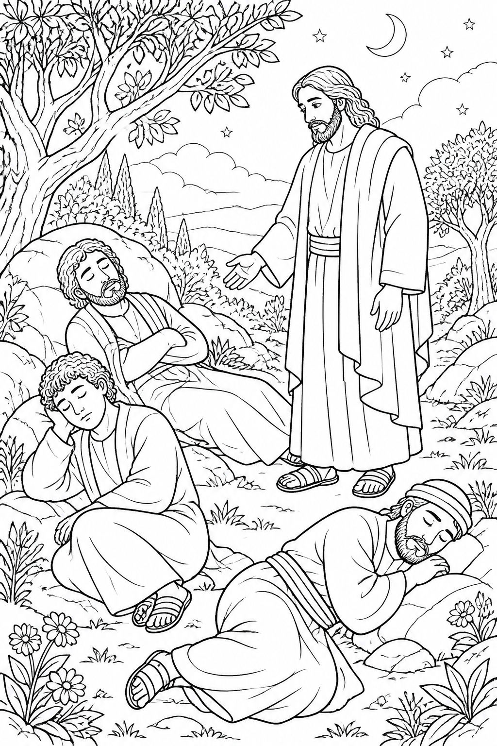Their Eyes Were Heavy from Jesus Prays in Gethsemane Bible coloring page
