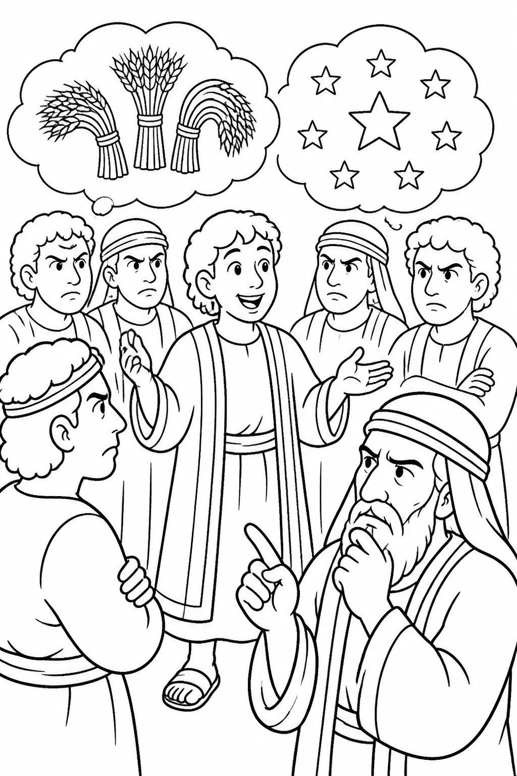 Joseph tells his brothers about dreams involving bowing sheaves and stars while Jacob responds thoughtfully.