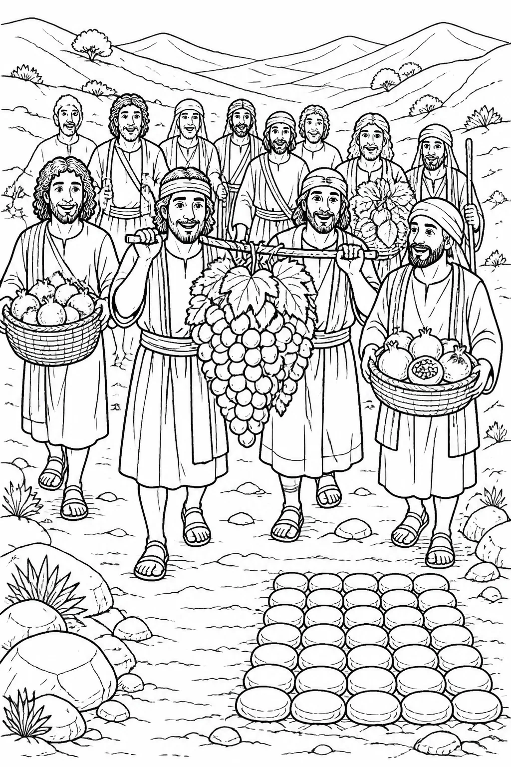 Twelve spies returning along a wilderness path after forty days, carrying grapes, pomegranates, and figs, with grouped travel markers suggesting the journey.